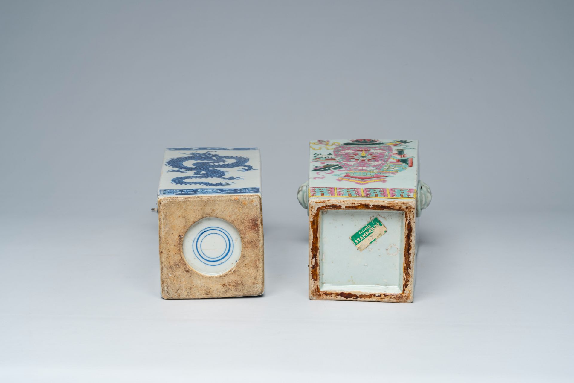 Two Chinese square blue, white and famille rose vases with dragons and antiquities mounted as lamps, - Image 7 of 8