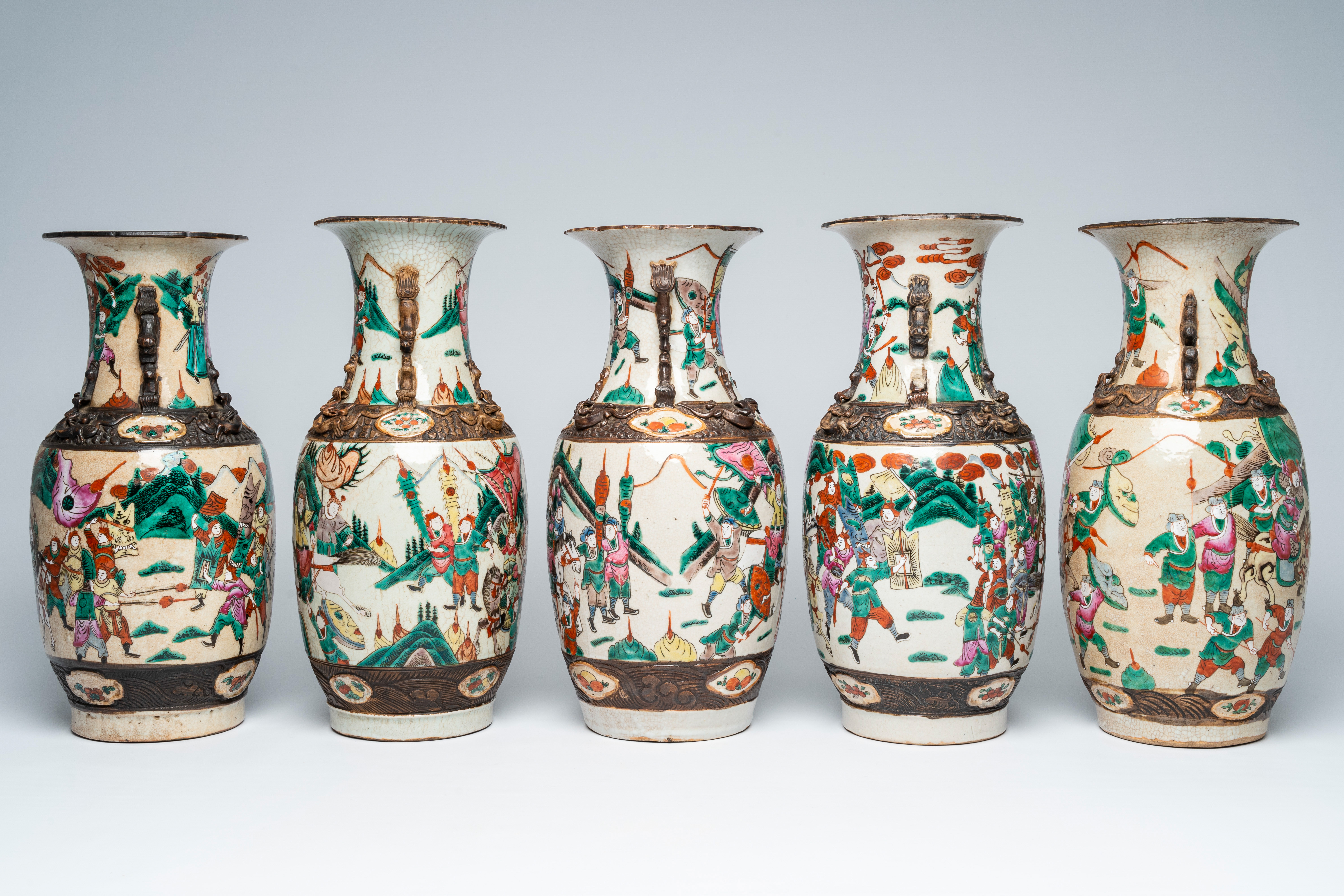 Five Chinese Nanking crackle glazed famille rose 'warrior' vases, 19th/20th C. - Image 2 of 6