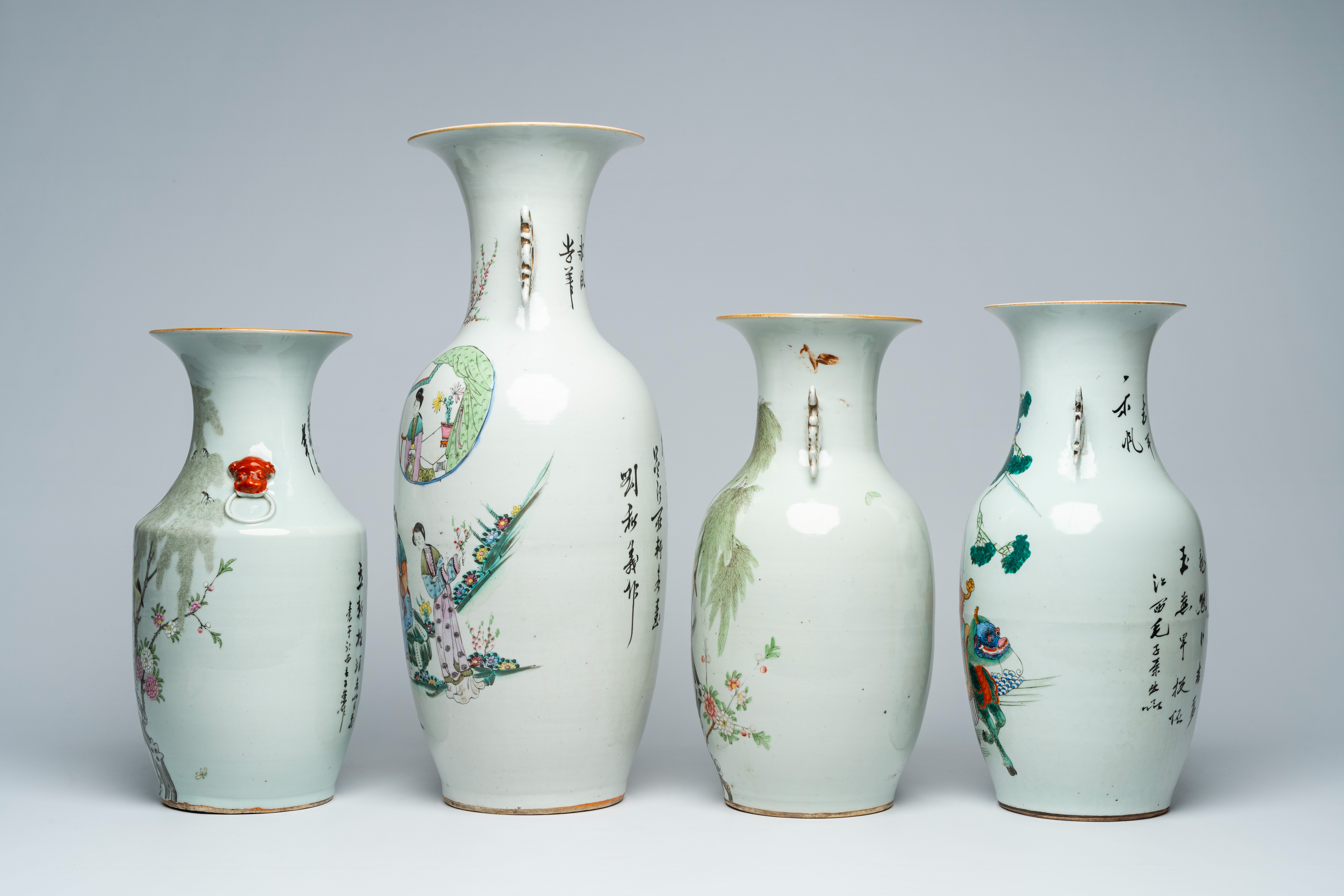 Four various Chinese famille rose and qianjiang cai vases with figures in a garden and birds among b - Bild 2 aus 6
