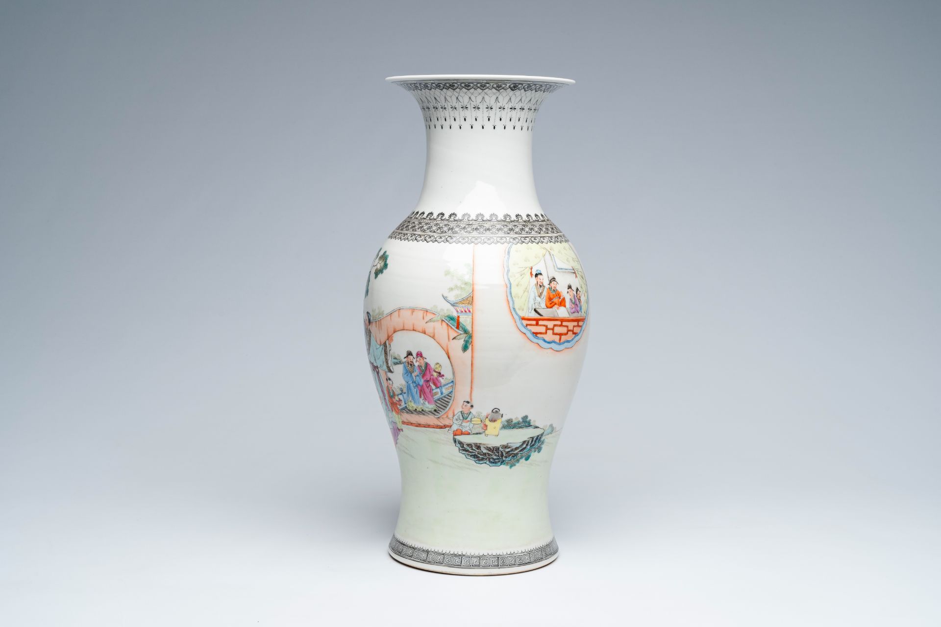 A Chinese baluster shaped famille rose vase with Immortals in a garden, Republic, 20th C. - Image 3 of 7