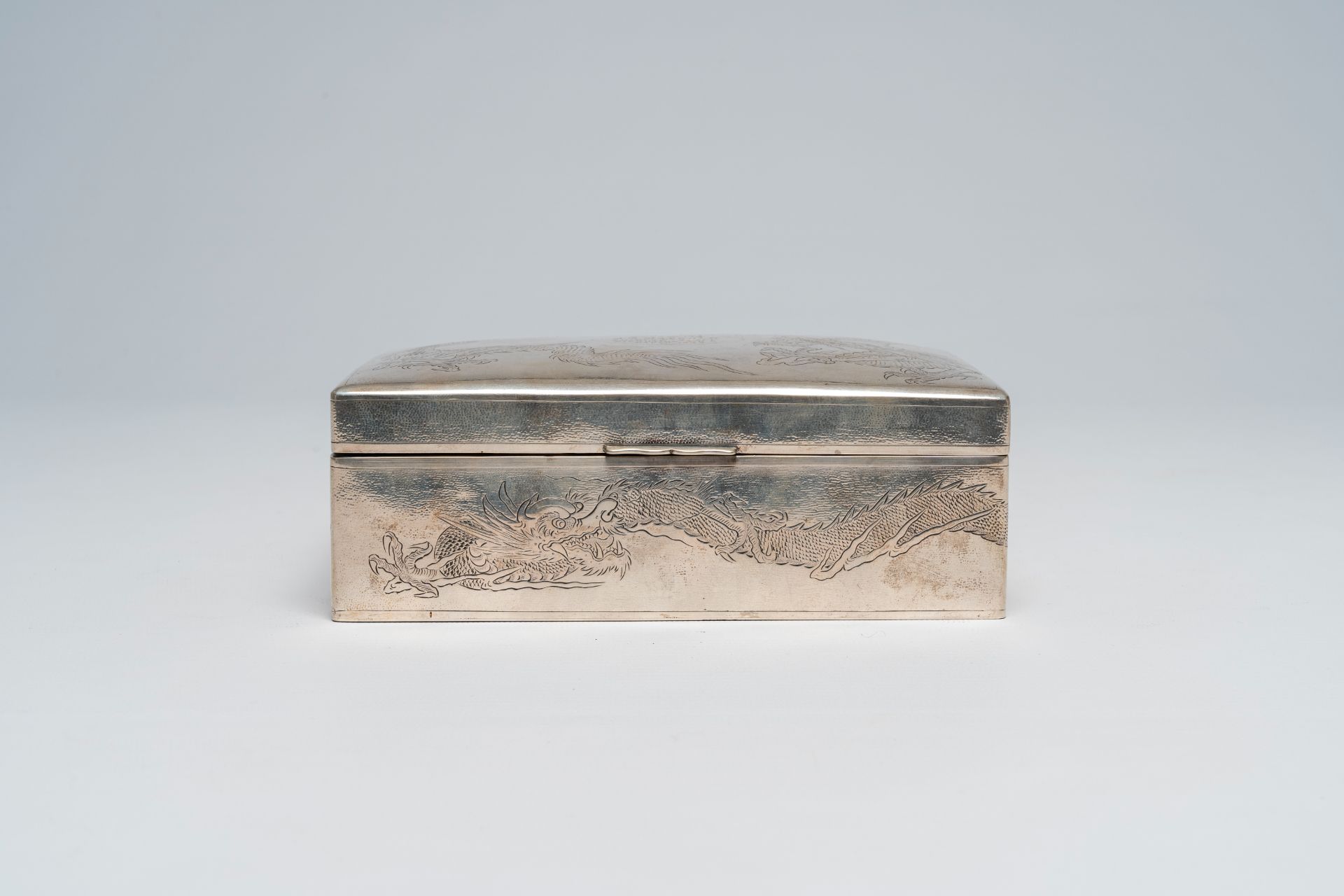 A Chinese silver box and cover with engraved dragon design, maker's mark Wing On & Company, first ha - Image 3 of 10