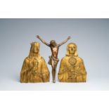 A pair of French gilt bronze plaques depicting Mary and a saint and a bronze Corpus Christi, 19th C.