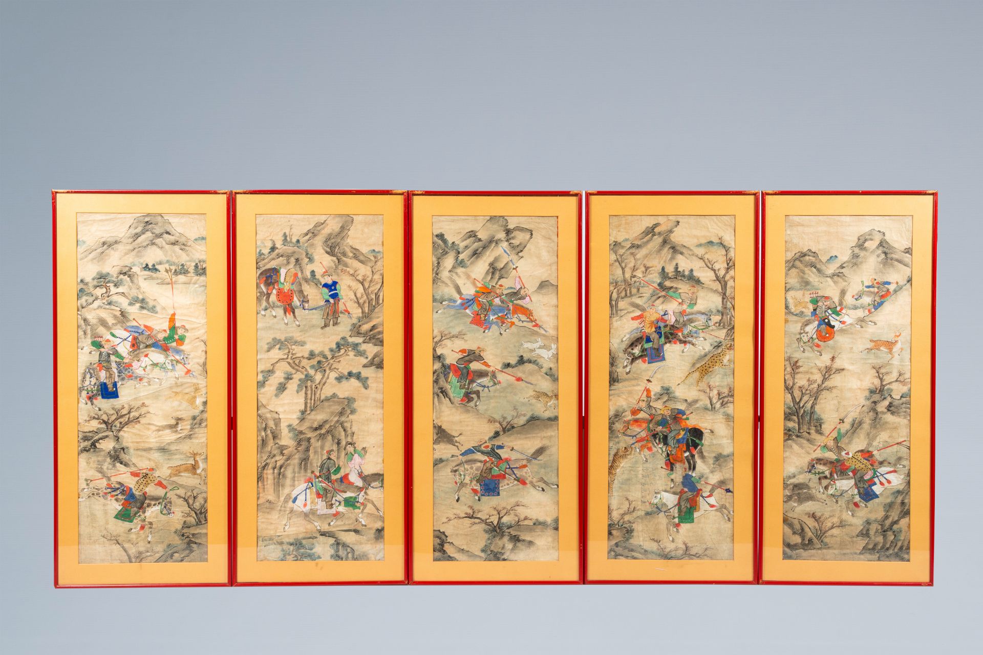 Chinese school: Five paintings with hunting scenes, ink and colours on paper, 19th C.