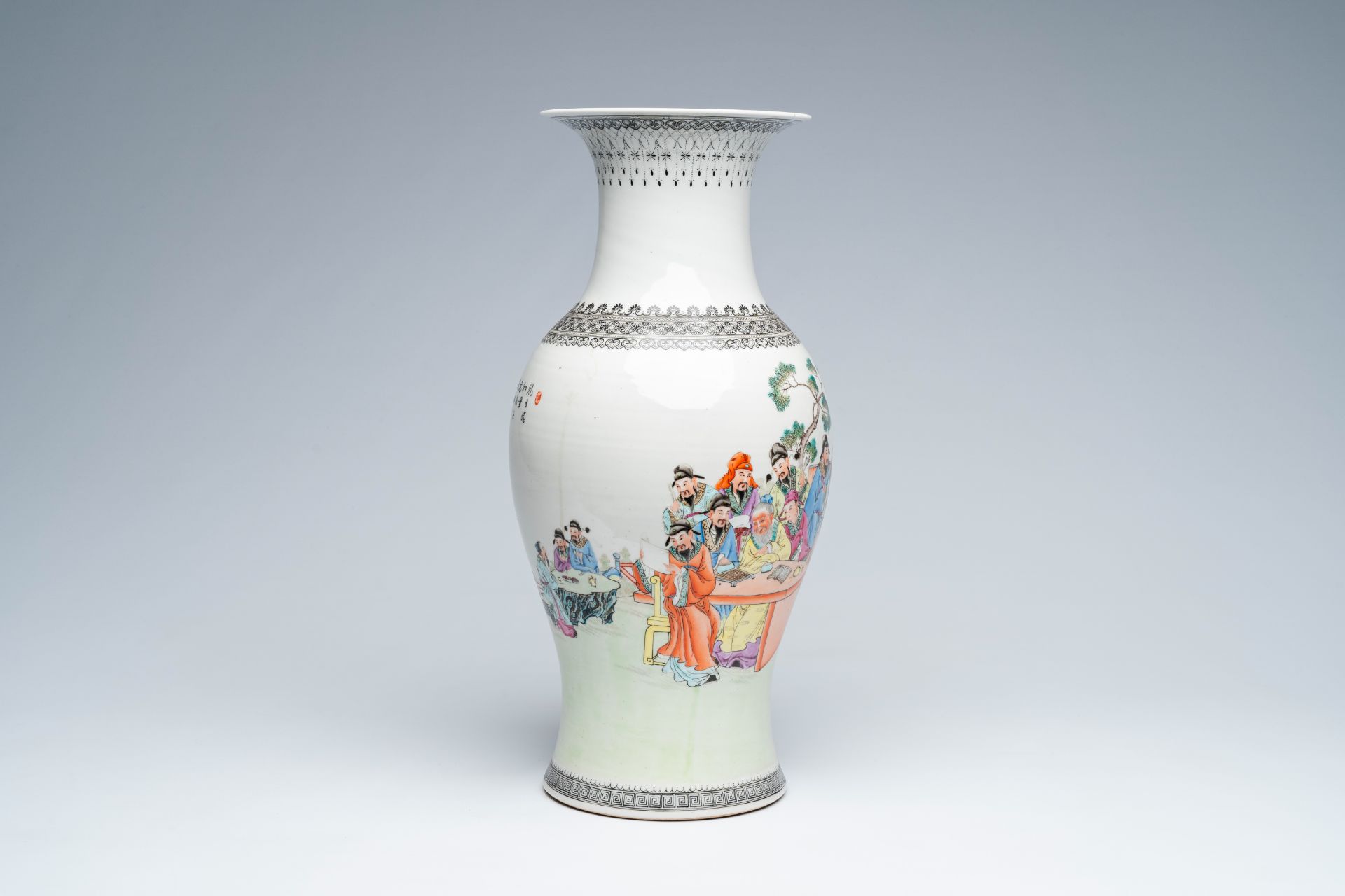 A Chinese baluster shaped famille rose vase with Immortals in a garden, Republic, 20th C. - Image 5 of 7
