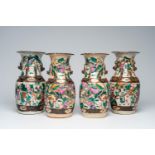 Four Chinese Nanking crackle glazed famille rose vases with warrior scenes, 19th C.