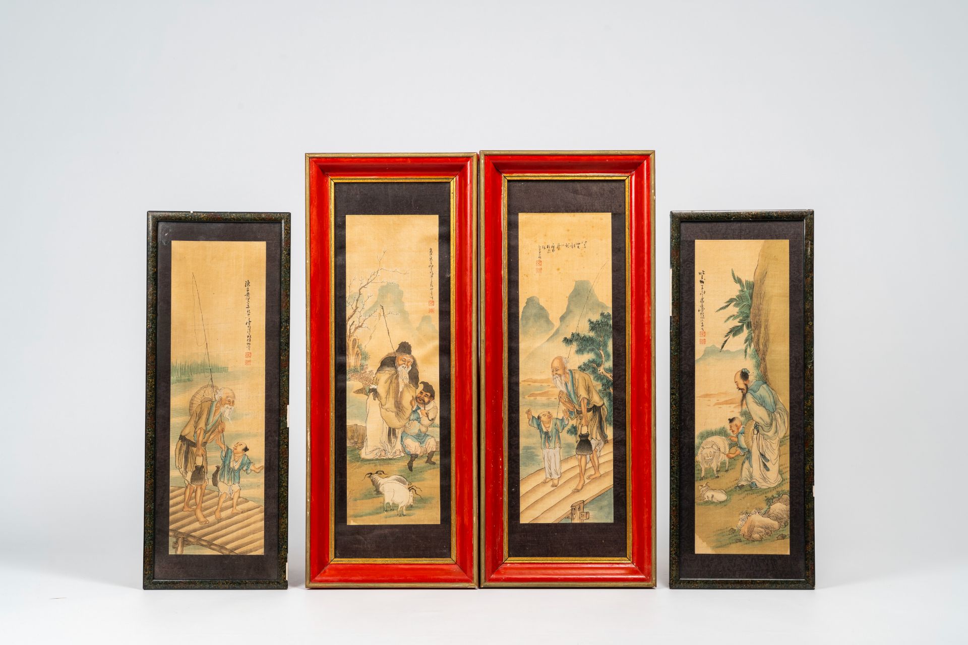 Chinese school: Four paintings of a mentor and his pupil in a landscape, ink and colours on silk, 20