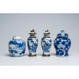 Two Chinese blue and white jars and covers and a pair of Nanking crackle glazed vases and covers wit