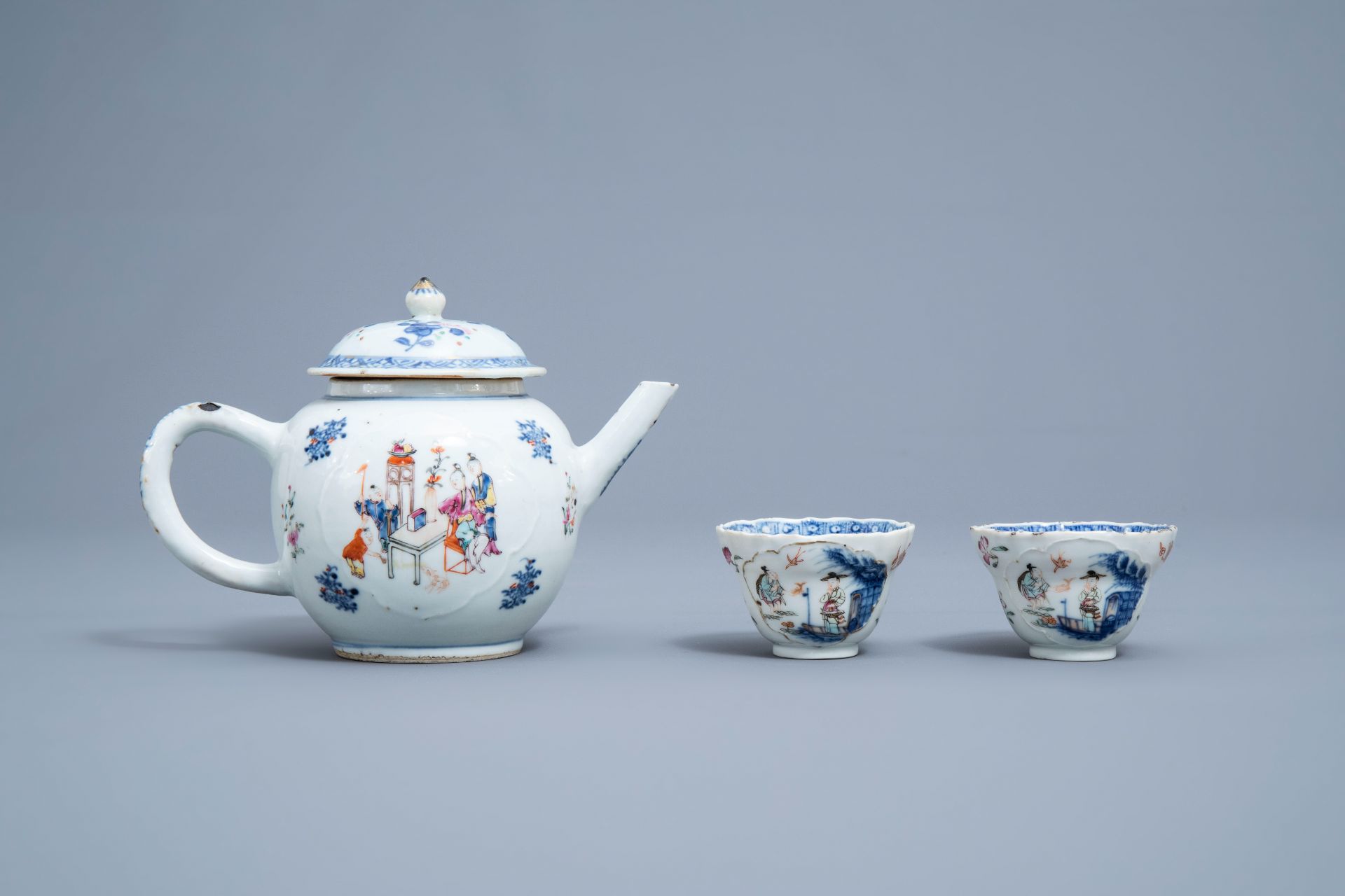 A Chinese famille rose teapot and a pair of cups and saucers, Qianlong - Image 4 of 9