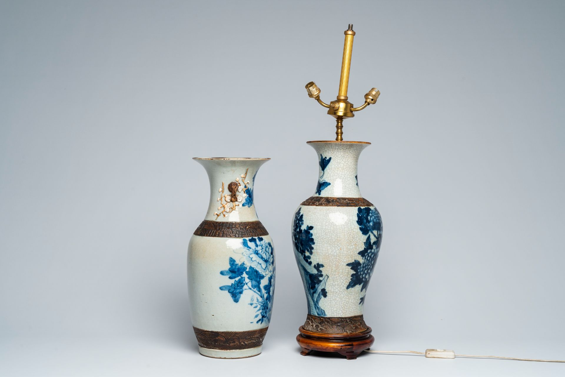 Two Chinese Nanking crackle glazed blue and white vases with birds among blossoming branches, one of - Image 4 of 6