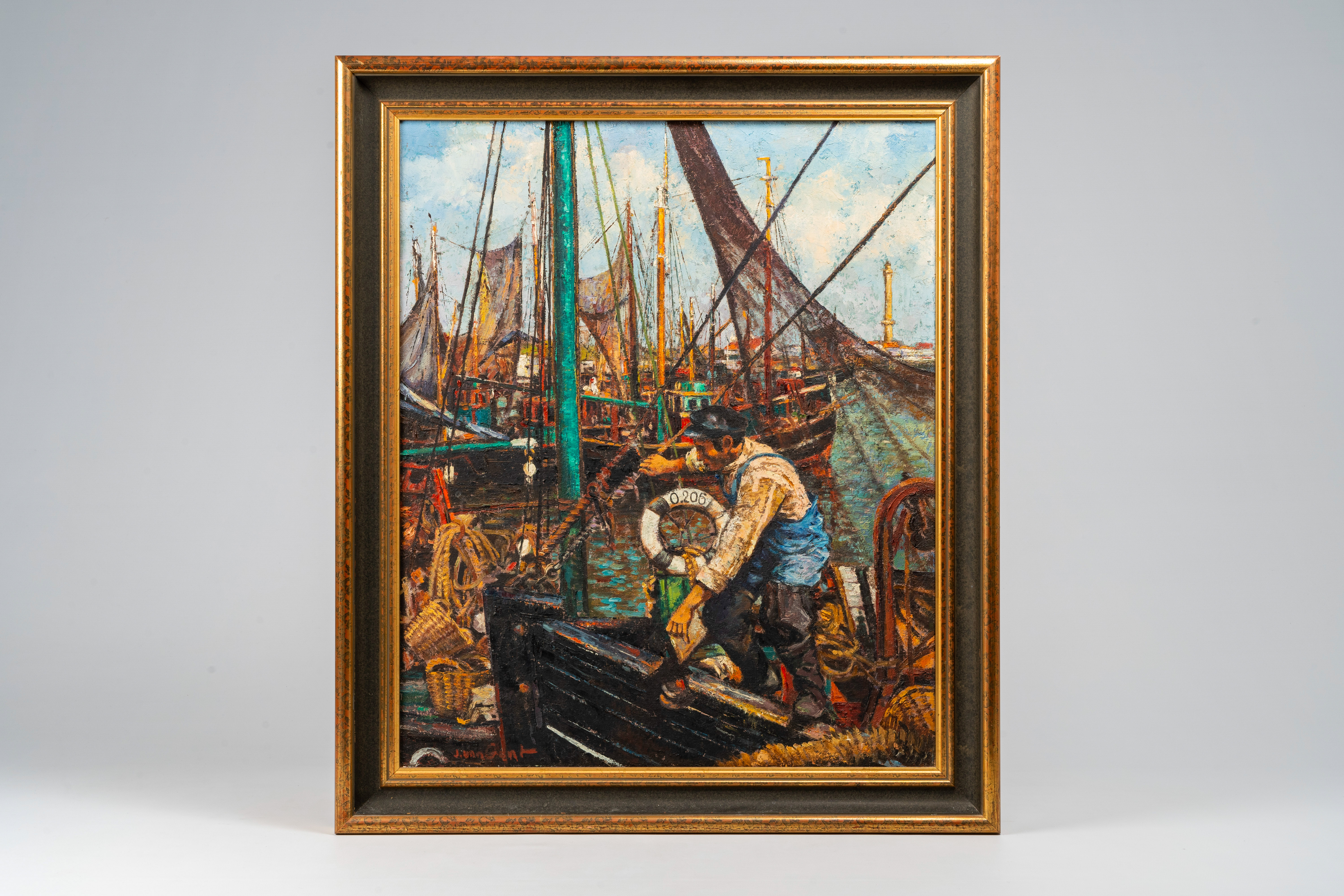 Jan van Gent (alias for Jef van Tuerenhout, 1926-2006): Fisherman at work in the harbour, oil on can - Image 2 of 5