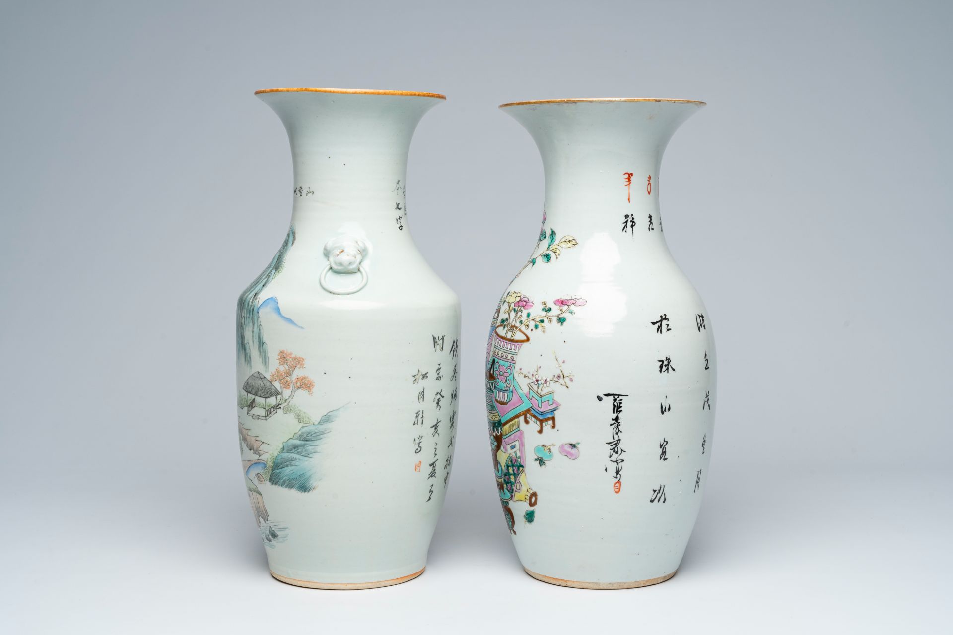 Two Chinese famille rose and qianjiang cai vases with antiquities and an animated landscape, 19th/20 - Image 2 of 5