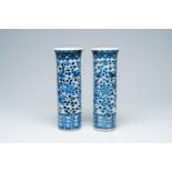 A pair of Chinese blue and white sleeve vases with dragons among blossoming branches, Kangxi mark, 1