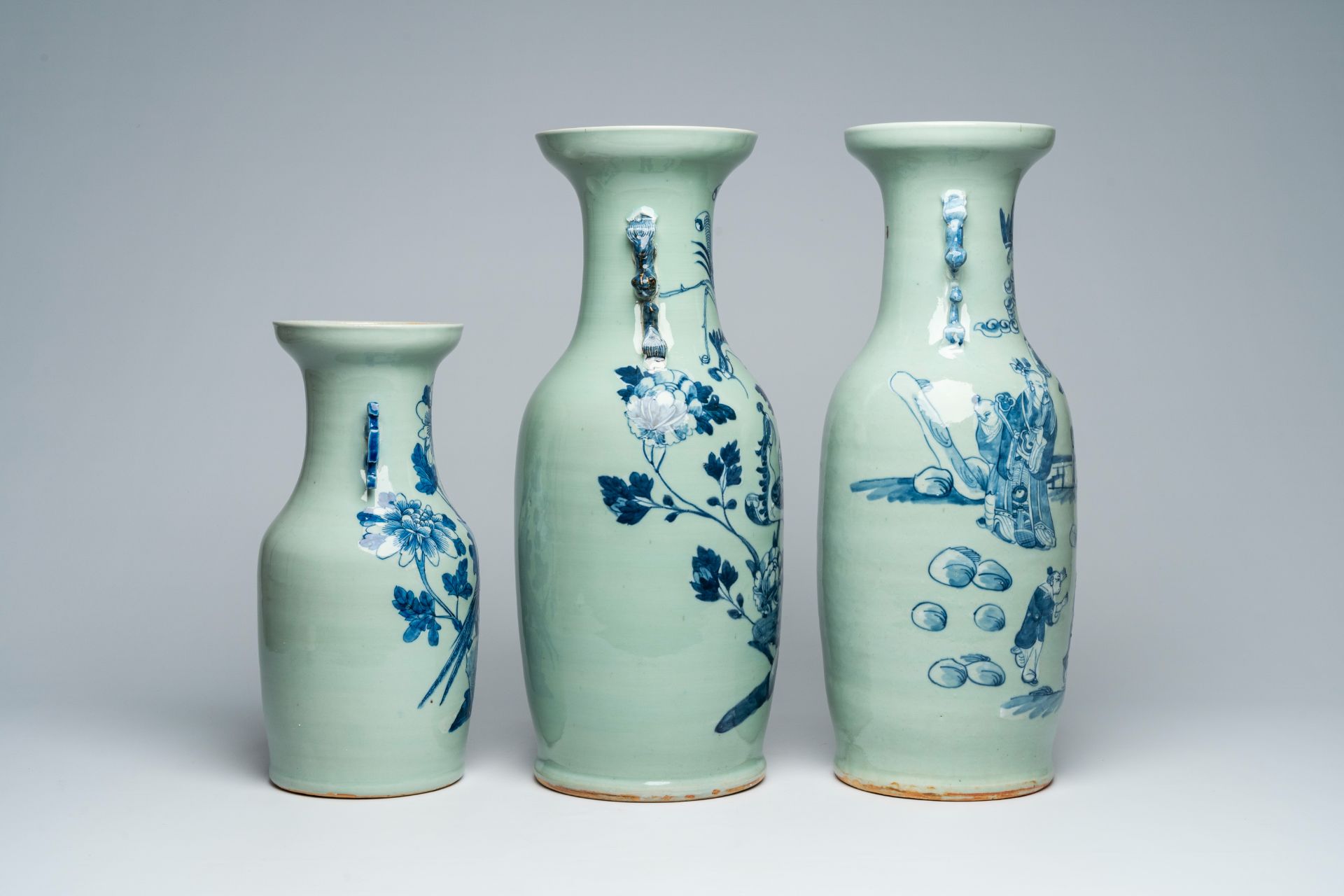 Three Chinese blue and white celadon ground vases with figures in a garden and birds among blossomin - Image 4 of 6
