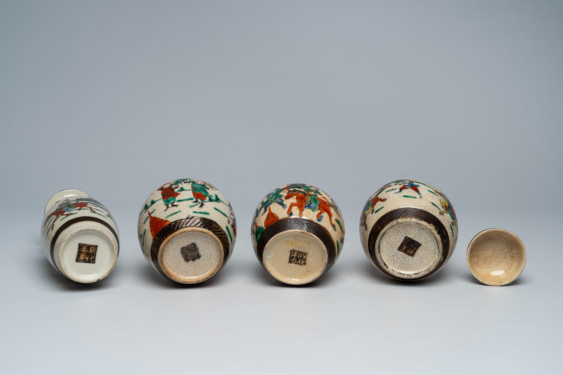 A varied collection of Chinese Nanking crackle glazed famille rose and verte vases and jars with war - Image 13 of 13