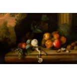 German school: Still life with fruit and walnuts in a park setting, oil on canvas, 18th C.