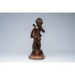 Paul Duboy (1830-ca. 1887): Fairy with apple, brown patinated bronze on a Rojo Bilbao marble base