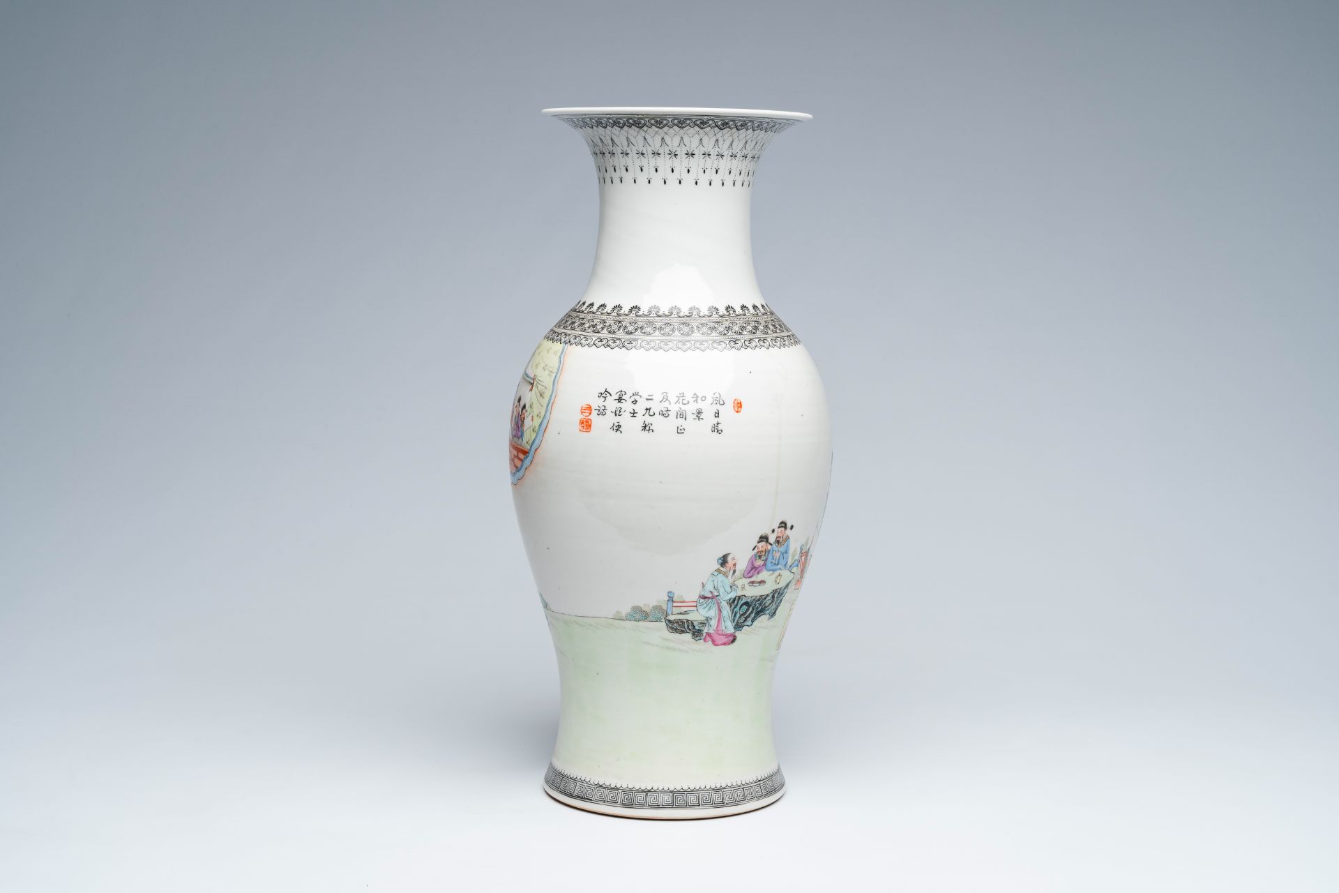 A Chinese baluster shaped famille rose vase with Immortals in a garden, Republic, 20th C. - Image 4 of 7