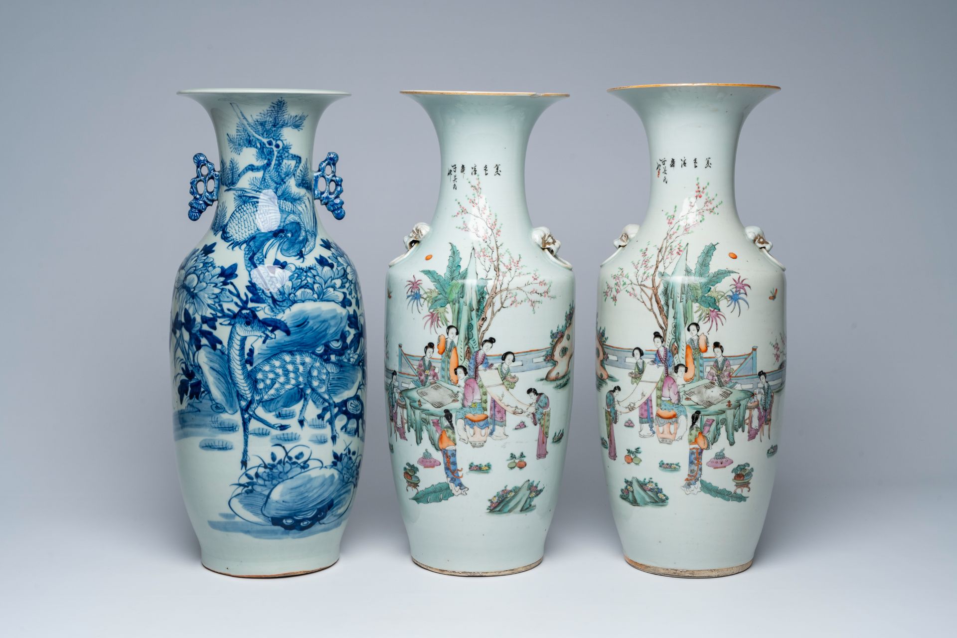 A pair of Chinese famille rose vases with ladies at leisure and a blue and white celadon ground 'dee