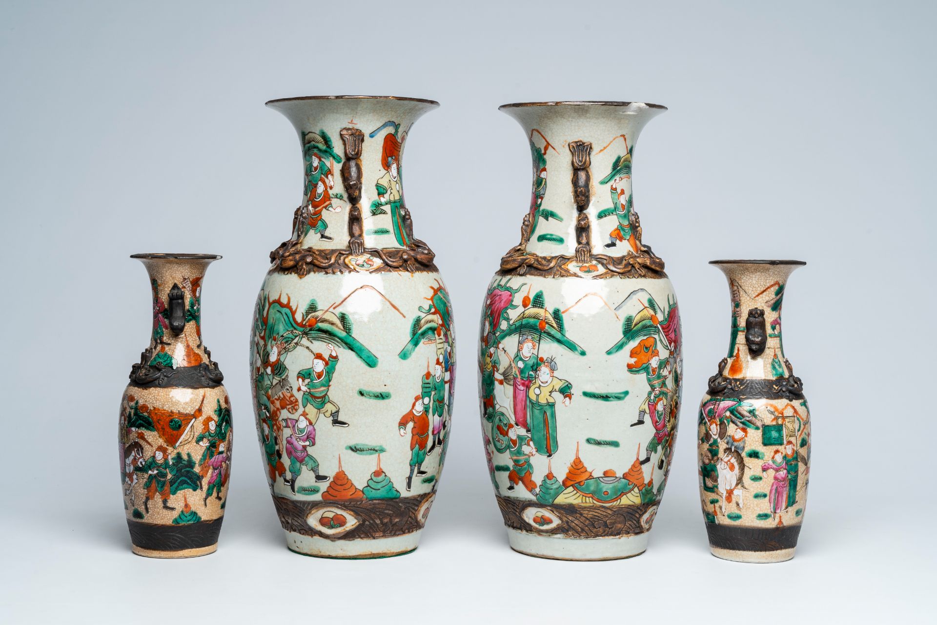 Four Chinese Nanking crackle glazed famille rose 'warrior' vases, 19th C. - Image 2 of 6