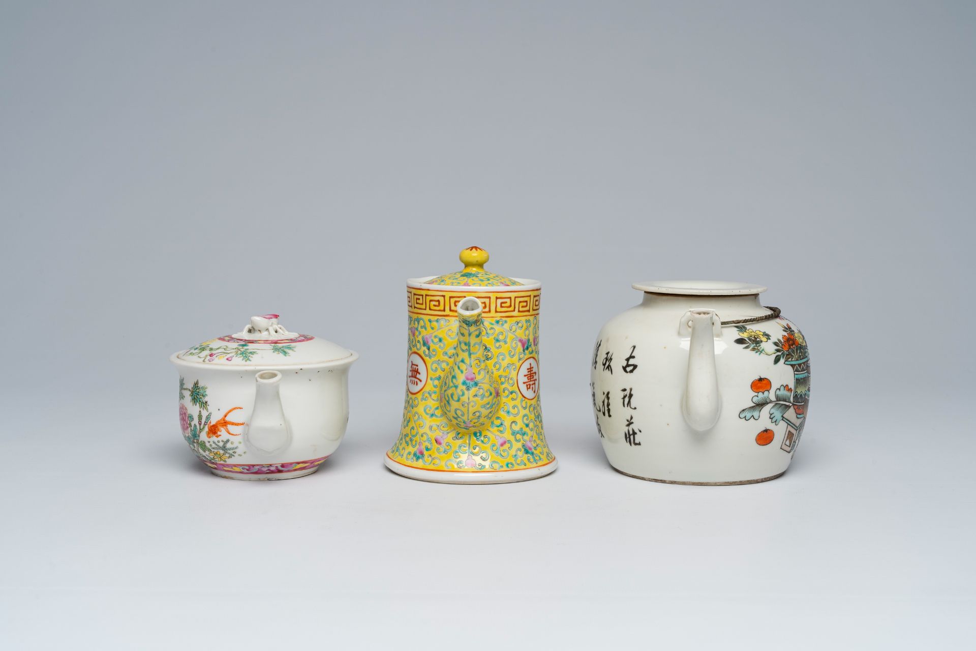 Three various Chinese famille rose and qianjiang cai teapots and covers, 19th/20th C. - Image 6 of 8