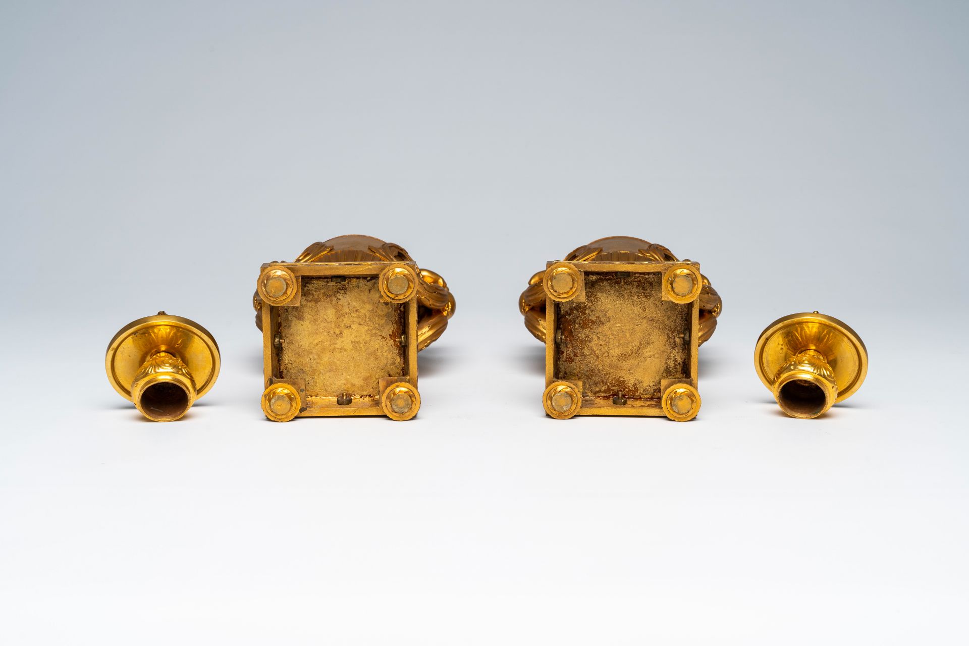 A pair of French gilt bronze vases and covers with bacchantes and lion's feet convertible into candl - Image 8 of 8