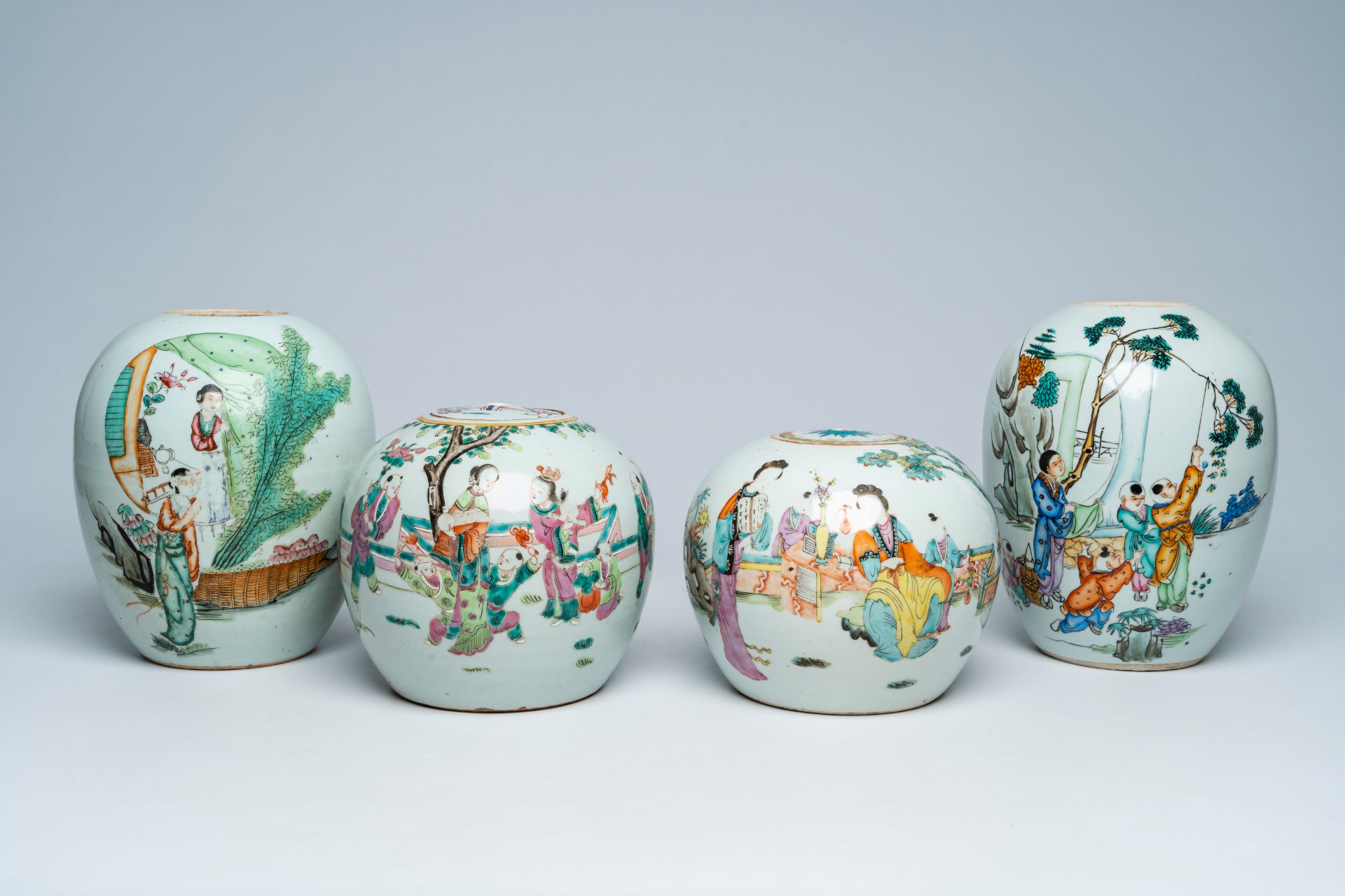 Four Chinese qianjiang cai and famille rose ginger jars with figures in a landscape, 19th/20th C.