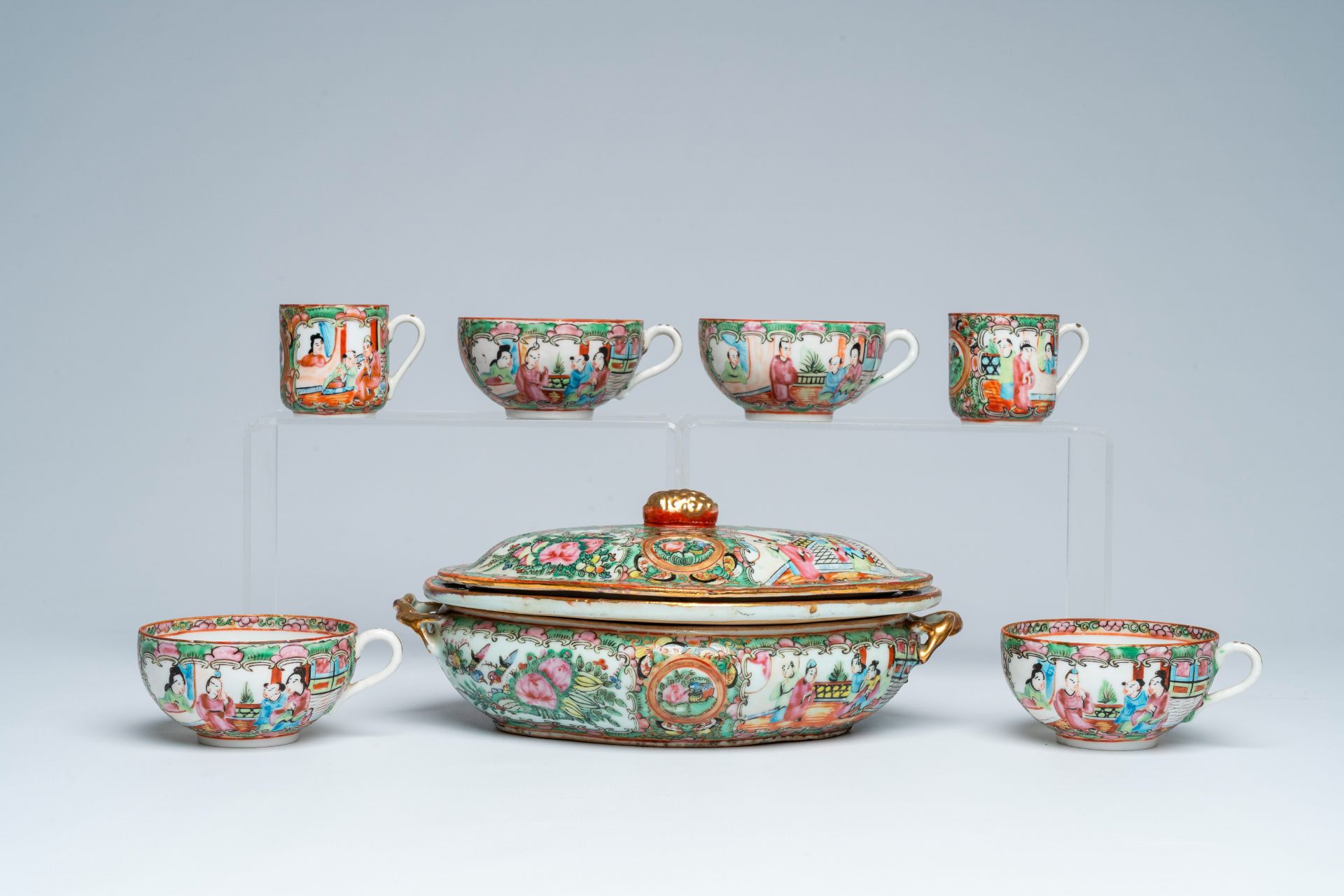 A large collection of Chinese Canton famille rose porcelain with palace scenes and floral design, ca - Image 12 of 19