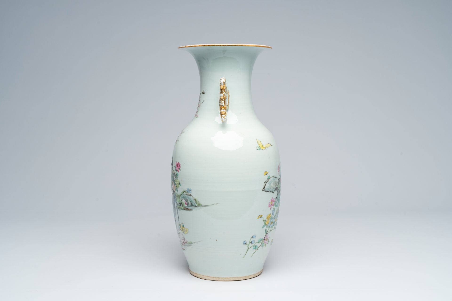 A Chinese famille rose double design vase with ladies in a garden and butterflies among blossoming b - Image 2 of 6