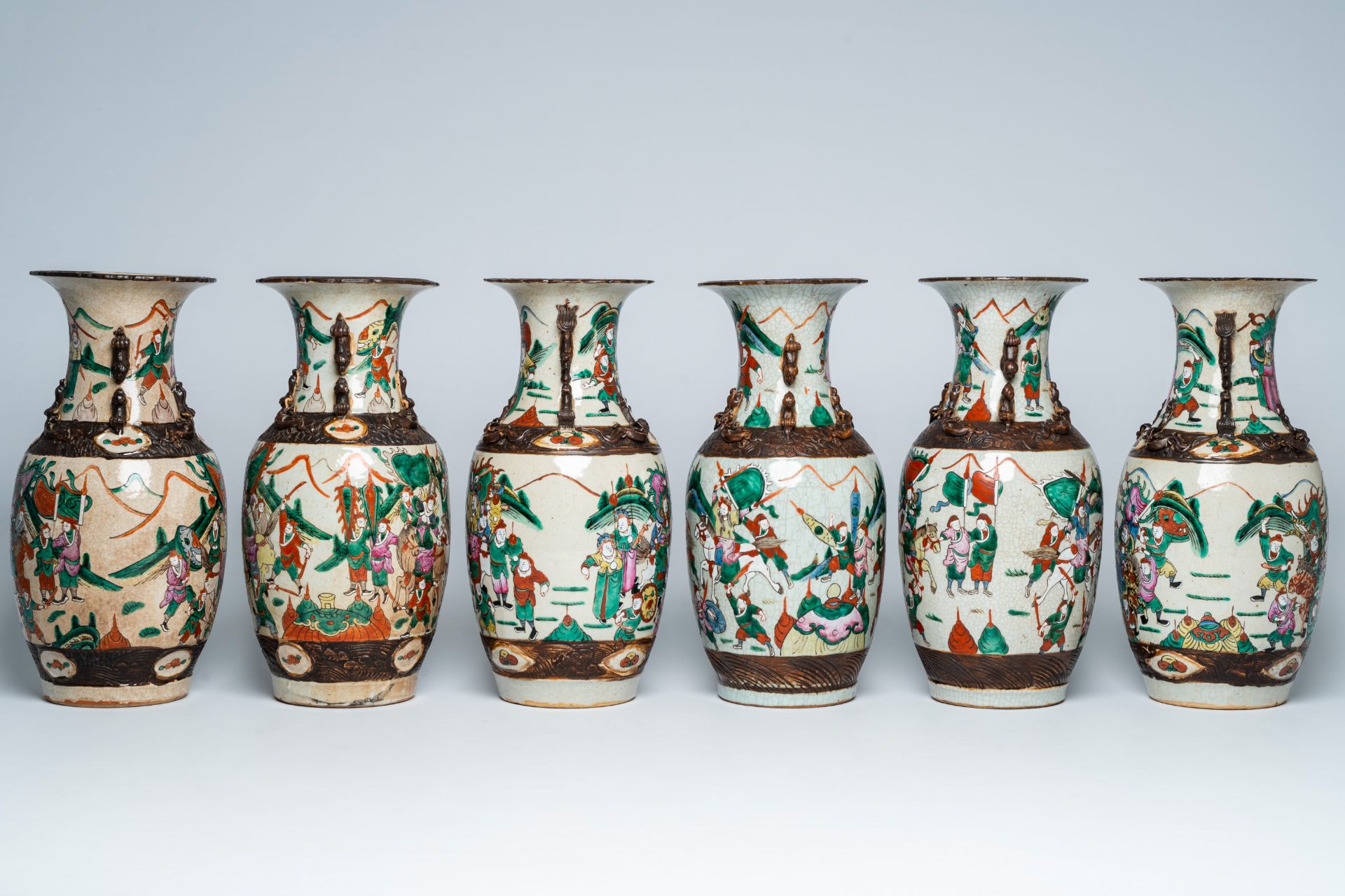 Three pairs of Chinese Nanking crackle glazed famille rose 'warrior' vases, 19th C. - Image 2 of 6