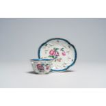 A Chinese famille rose cup and saucer with relief design of vines and squirrels and floral design, Q