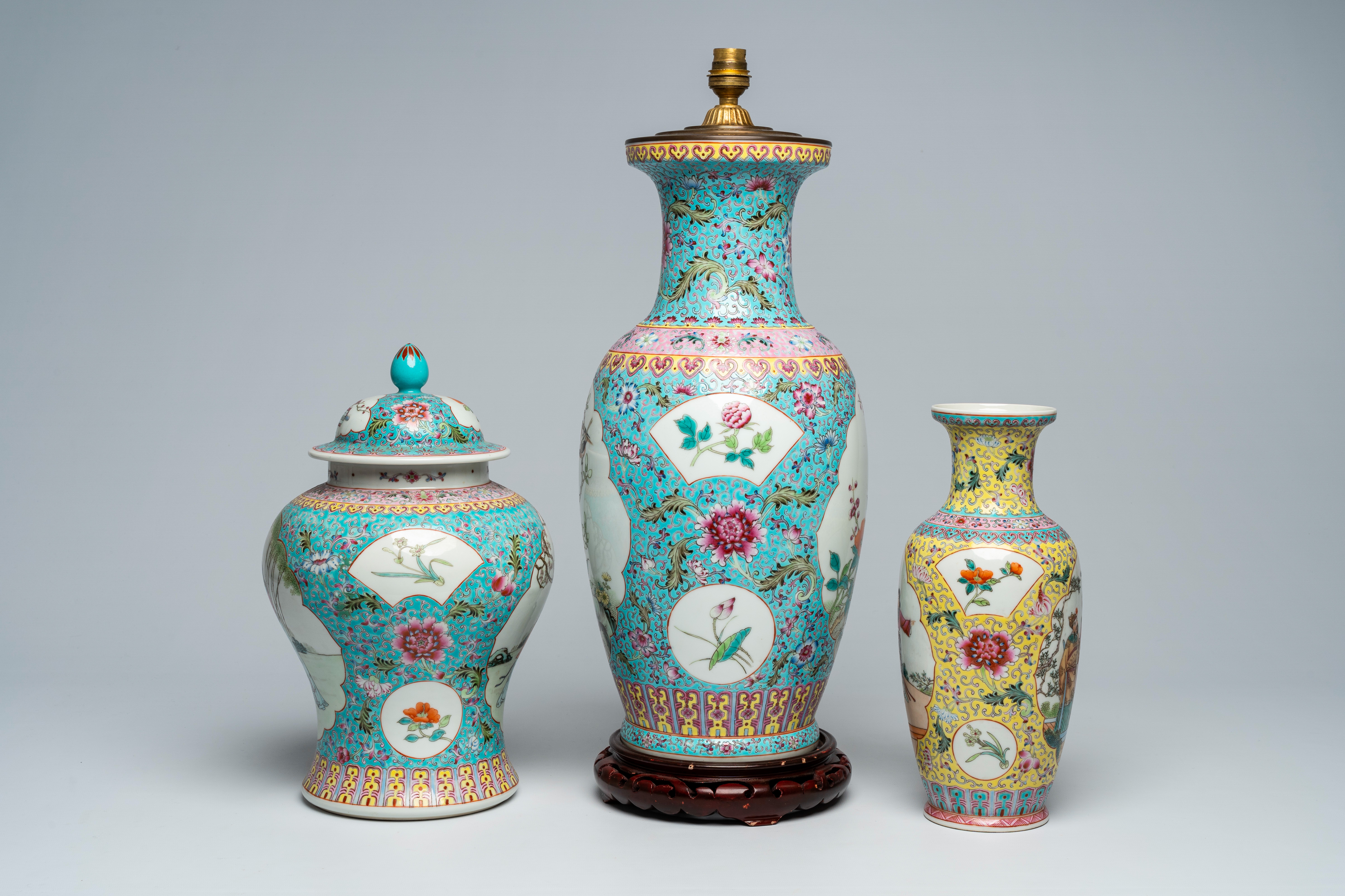 Three various Chinese famille rose vases, one of which mounted as a lamp, 20th C. - Image 4 of 6