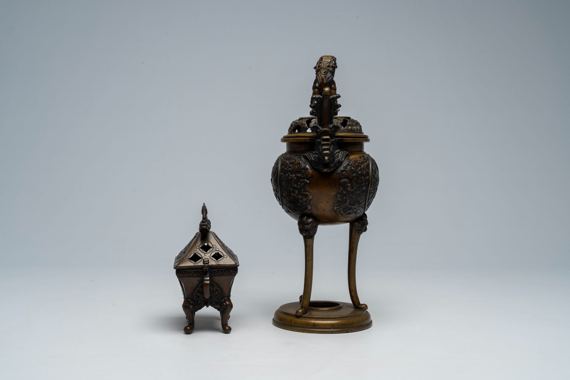 Two Japanese bronze incense burners with relief design, Meiji, 19th C. - Image 5 of 7