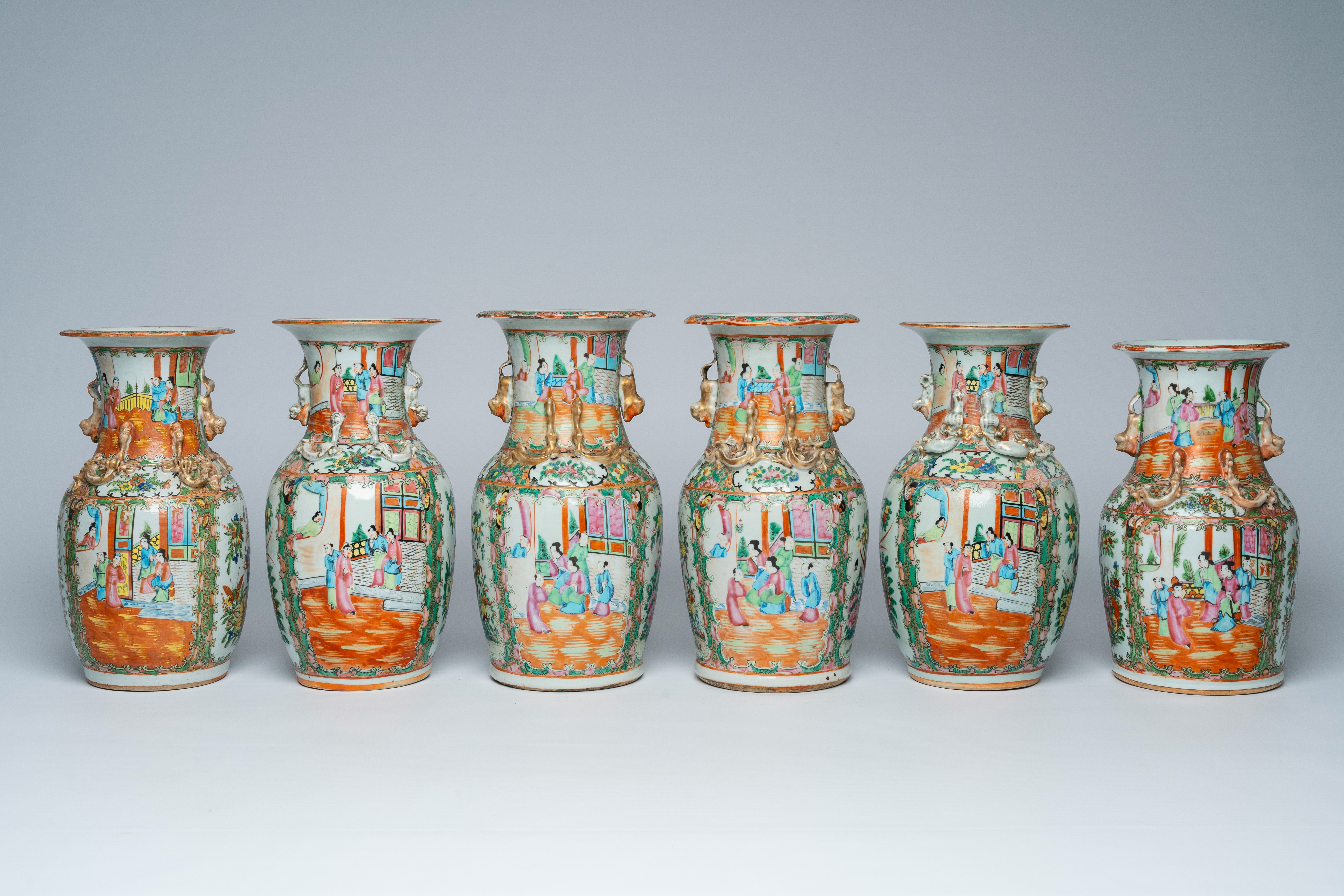 Six various Chinese Canton famille rose vases with palace scenes and birds among blossoming branches - Bild 2 aus 7