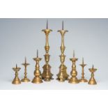 Four pairs of bronze pricket candlesticks, 17th C. and later