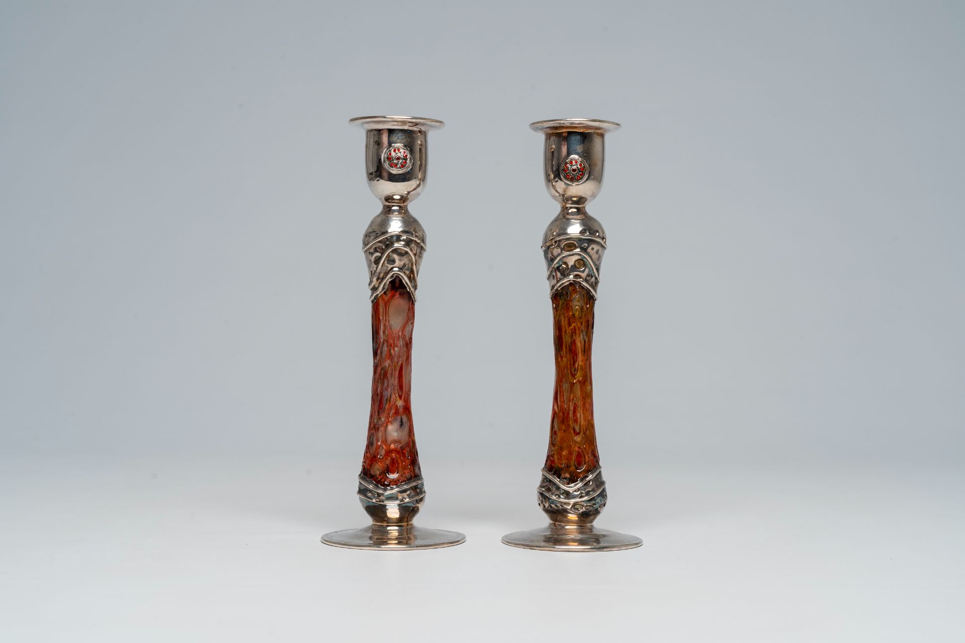 A pair of English or Scottish Arts & Crafts style silver and glass candlesticks, 20th C. - Image 2 of 11