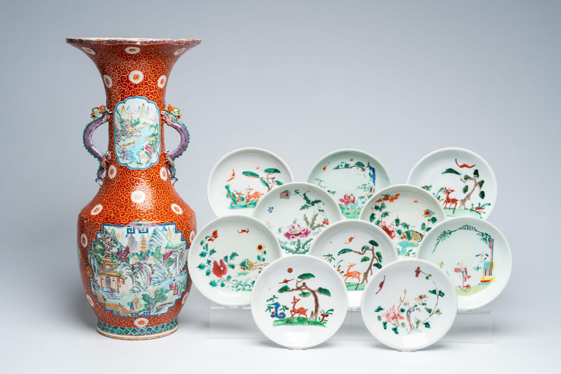 A Chinese famille rose vase after a Japanese example and ten famille rose dishes with animated scene - Image 8 of 17