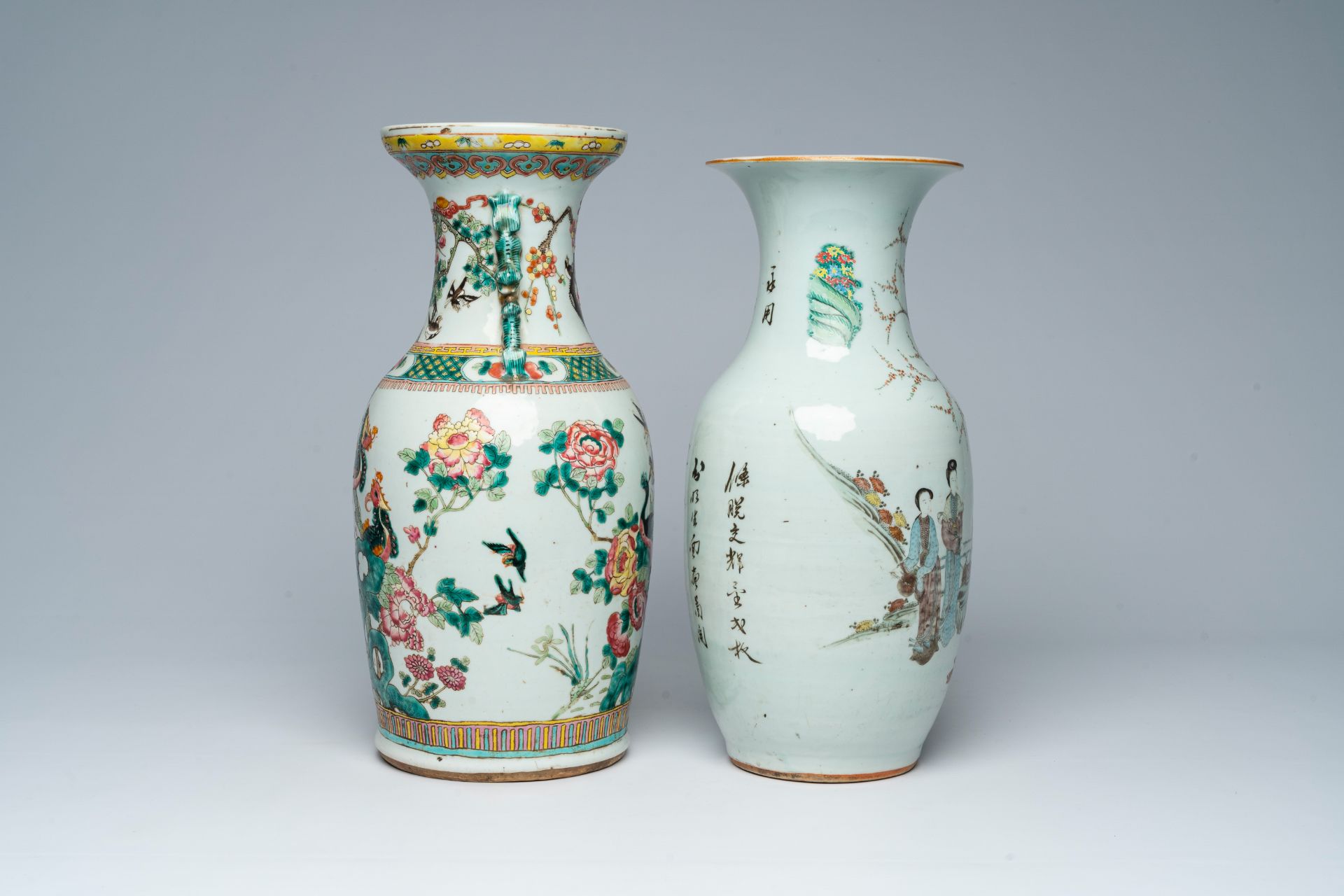 Two Chinese famille rose and qianjiang cai vases with birds among blossoming branches and ladies in - Image 5 of 7