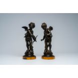 French school: A fairy with a flower in her hand and a cupid, brown patinated bronze on a marble bas