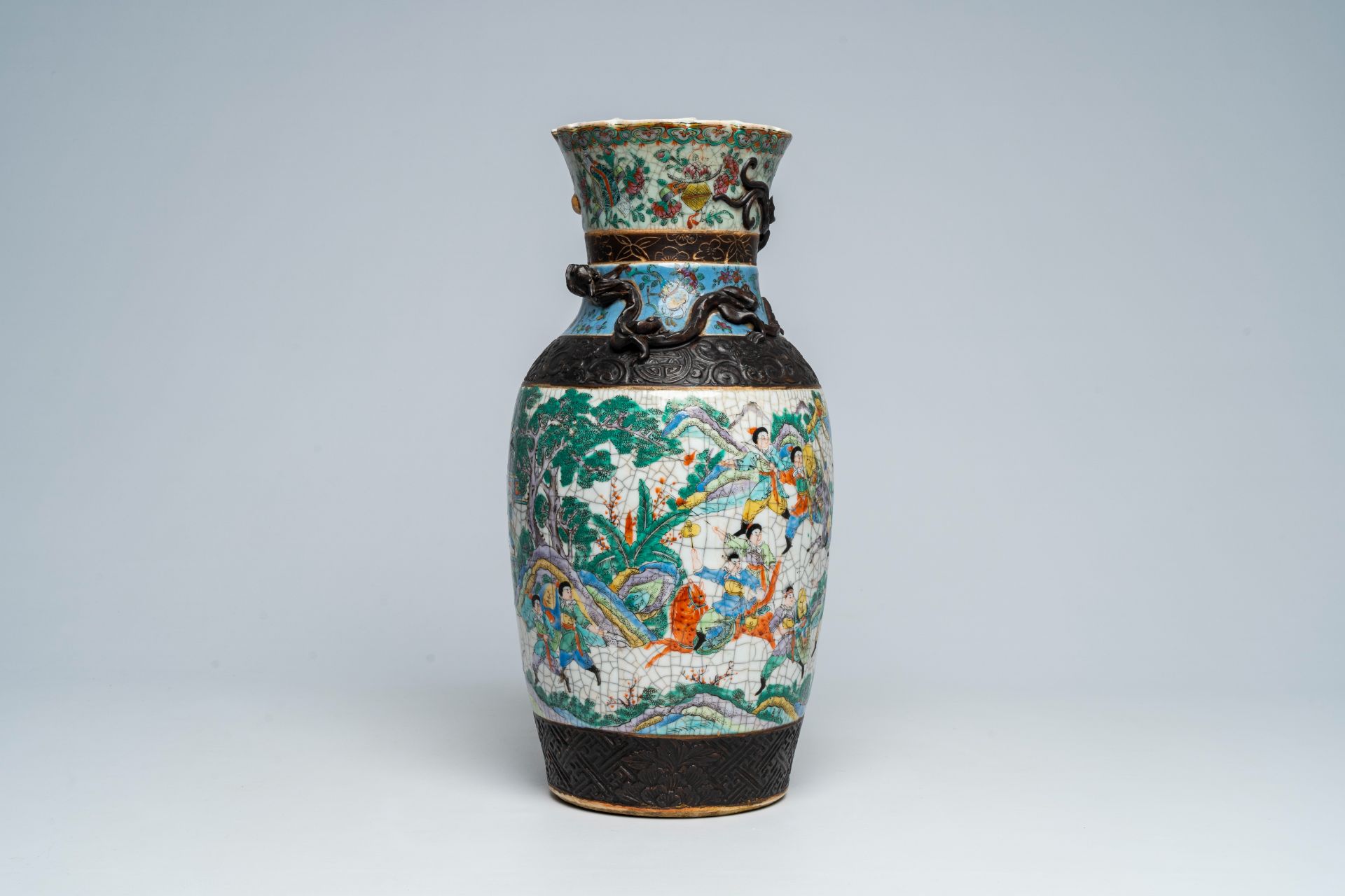 A Chinese Nanking crackle glazed bronze mounted famille rose 'warrior' vase, 19th C. - Image 3 of 7