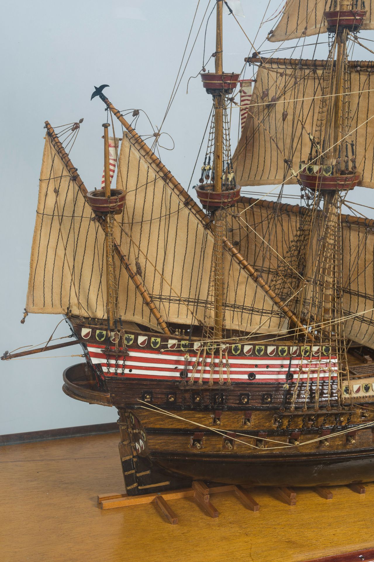 A painted wood model of a 16th-C. German galleon with glass display case, 20th C. - Image 6 of 6