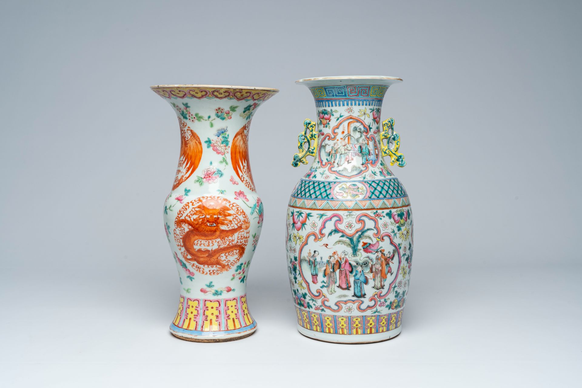 A Chinese famille rose vase with palace scenes and an iron red 'dragons and phoenixes' yenyen vase, - Image 2 of 7
