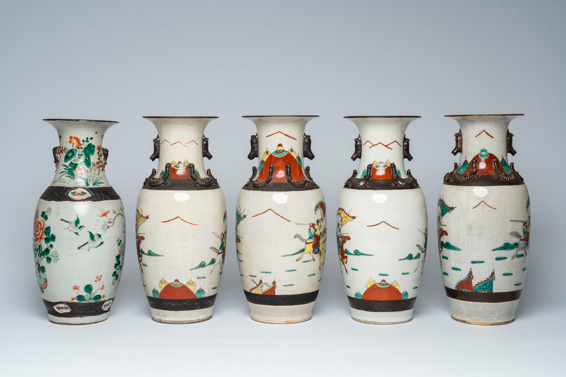 A varied collection of ten Chinese Nanking crackle glazed famille verte vases with warrior scenes an - Image 4 of 13