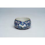 A Chinese blue ground famille rose 'cranes' bowl, Jiaqing mark, 20th C.