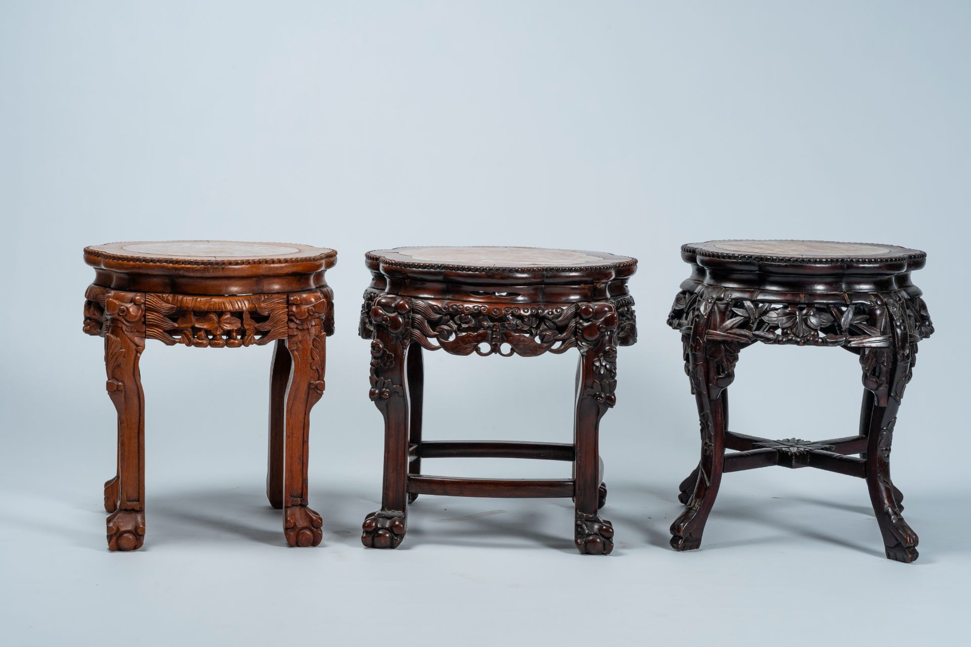 Three Chinese open worked lobed carved wood stands with marble top, 19th/20th C. - Image 6 of 8