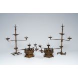 Two pairs of Chinese bronze and brass three- and four-light candelabra, 19th C.