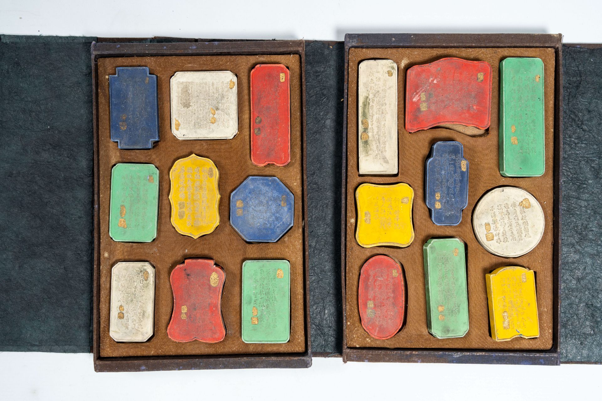 Two Chinese boxes with inkstones, a tea block, a printing plate and a type case, 20th C. - Image 4 of 12