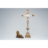 An Italian gilt and patinated wood crucifix with carved Corpus Christi and a polychrome and gilt woo