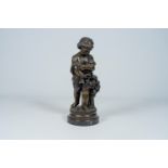 French school: Flower girl, brown patinated bronze on a black marble base, Art d' Frans, 20th C.