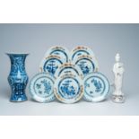 Eight Chinese blue and white plates, a yenyen vase and a blanc de Chine Guanyin, Qianlong and later