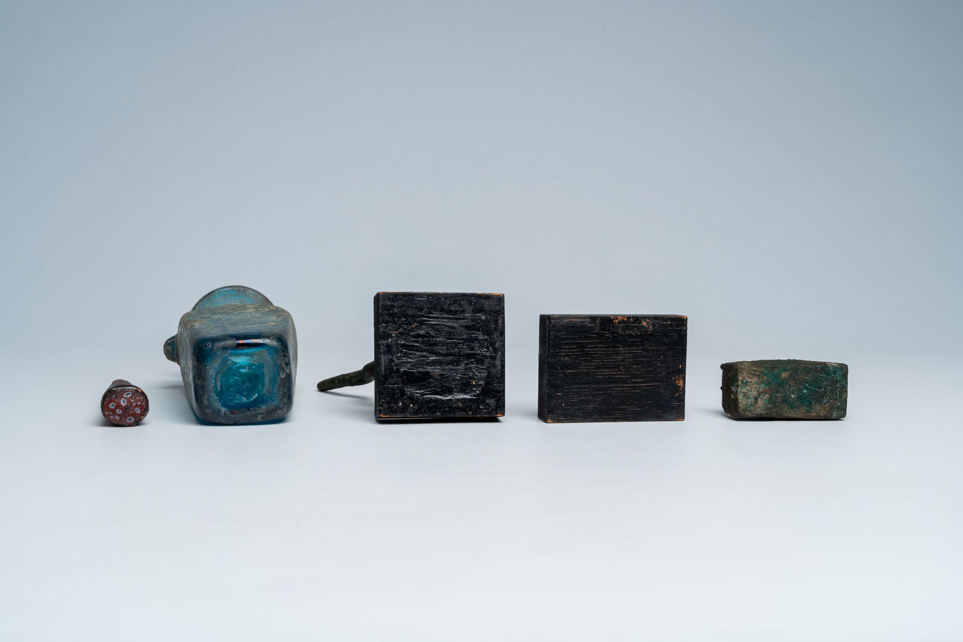 A varied collection of archaeological finds and a blue glass bottle with glass thread design, possib - Image 8 of 8